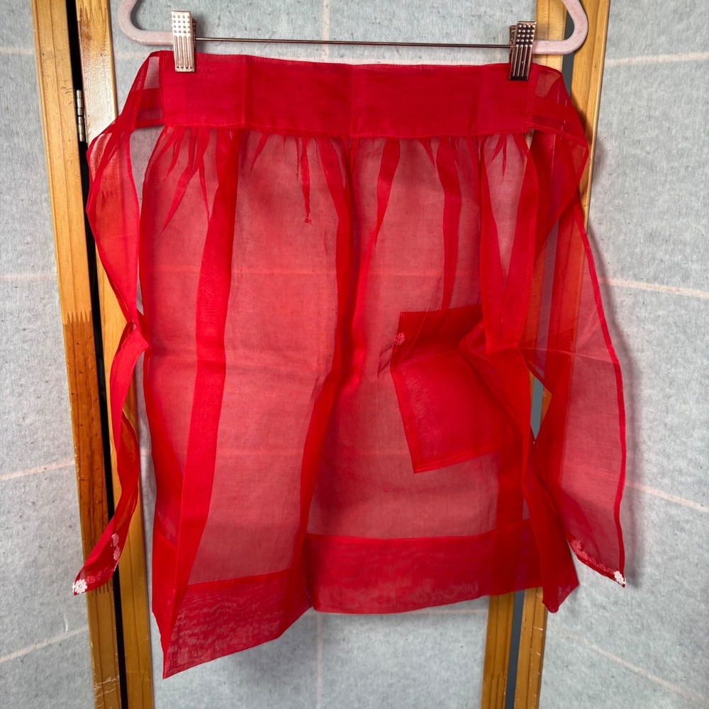 Vintage Half Apron Red Sheer Organza Floral Lace Trim Pocket 1950s Hostess - Picture 7 of 7